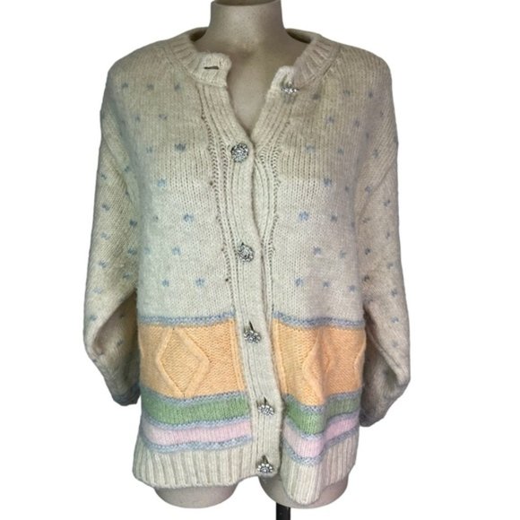 Zara Jewel Cream Pastel Button Jacket Cardigan Knit Oversized Medium - Picture 2 of 9